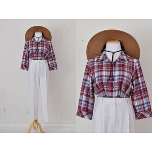 Vintage 90s Red Plaid Button up Blouse by CHIC‎ | size S